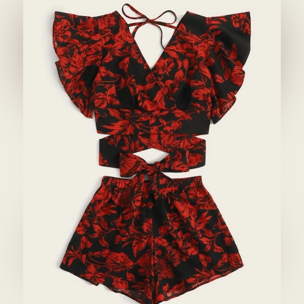 Black & Red Floral Crop Top Set
